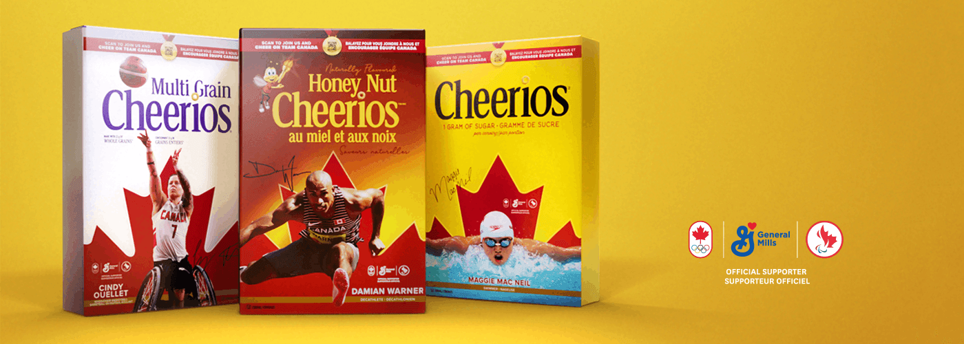 Prise de vue de 3 boîtes de Cheerios, chacune avec l'image d'un athlète olympique sur la face avant de la boîte.