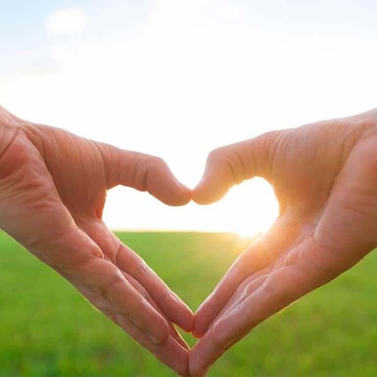 Two hands forming a heart shape against a sunny backdrop