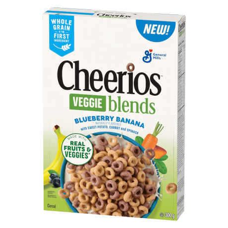 Front pack shot of Blueberry Banana Cheerios veggie blends 300 grams